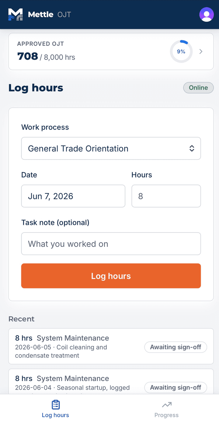 Mettle app: apprentice logging OJT hours against a work process area